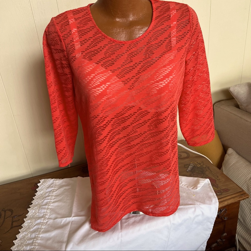 Chico’s semi sheer asymmetrical hem boatneck feminine top 2 10 12 pretty top